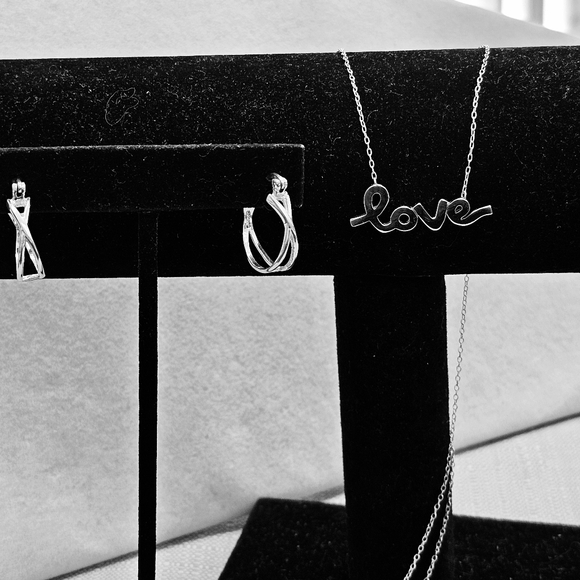 SET! 925 Silver Cursive Love Pendant with 925 Silver Hoop Earrings SET! - Picture 10 of 16